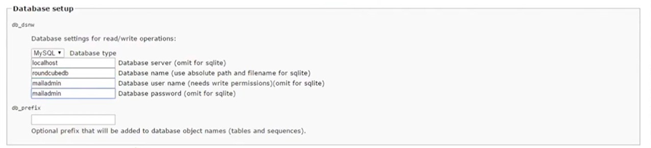 In Database Setup keep database name as roundcubedb, and username and password as mailadmin