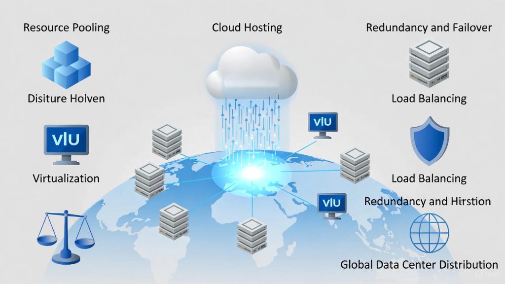illustration explaining how cloud hosting works: a central cloud hub distributes traffic across a global network of virtual servers, with labeled sections for resource pooling, virtualization, load balancing, redundancy & failover, and global data center distribution.